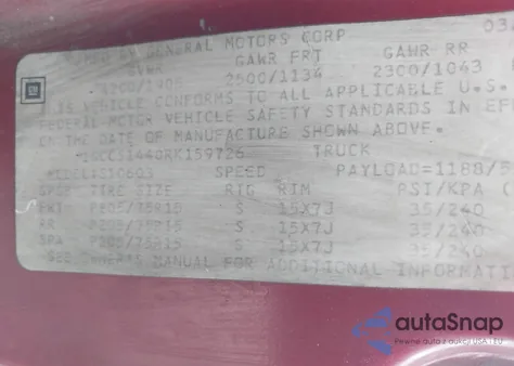 1994 Chevrolet S Truck S10 z USA, uszkodzony, nr VIN 1GCCS1440RK159726